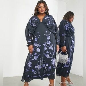 NWT ASOS EDITION Curve Blue batwing chiffon midi dress floral embroidery size 22